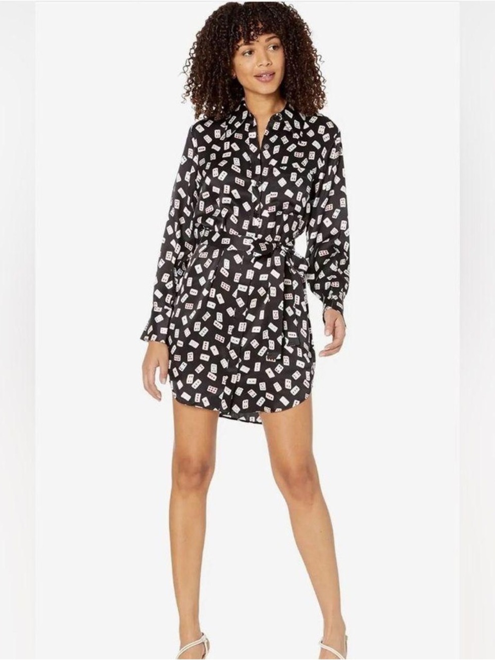 Equipment 100% Silk Black Shirt Dress with White Playing Card Print XS
